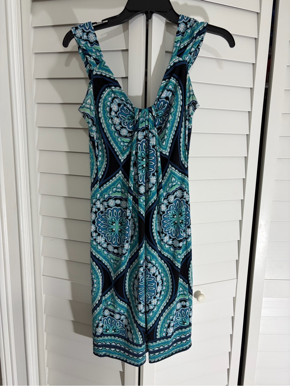 London Times Teal and Navy Medallion Sleeveless Dress